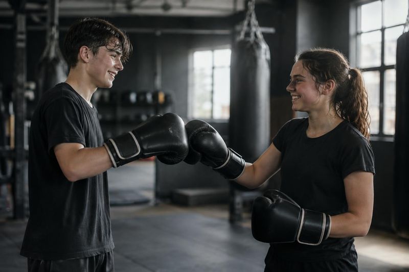 Deux jeunes se touchent les gants en souriant après l’entraînement